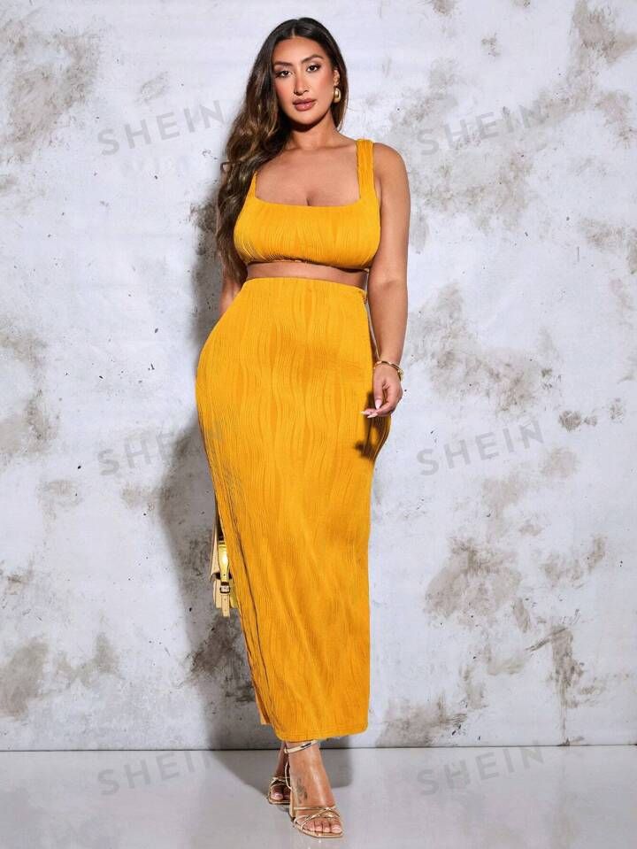 SHEIN BAE Plus Size Women's Solid Color Summer Vacation Stretch Texture Vest Long Skirt Suit | SHEIN