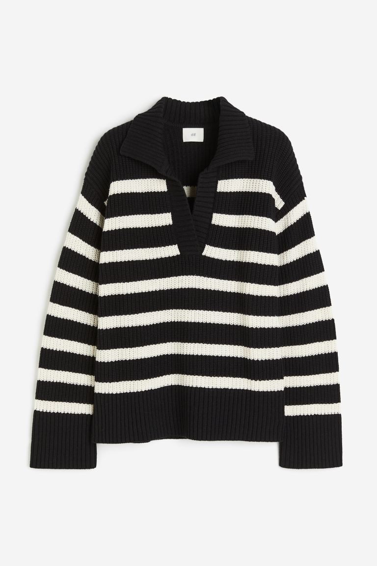 Rib-knit Polo Sweater - Black/white striped - Ladies | H&M US | H&M (US + CA)