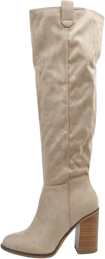 Soda Women's Faux Suede Knee High Stacked Heel Boot | Amazon (US)