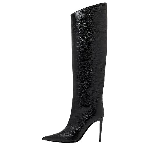 Ancomafio Black Knee High Boots, Crocodile Knee High Boots For Women Stiletto Heels Tall Black Boots Pointed Toe Black Boots Wide Calf Long Boots Thigh High Snack Boots Size 8.5 | Amazon (US)