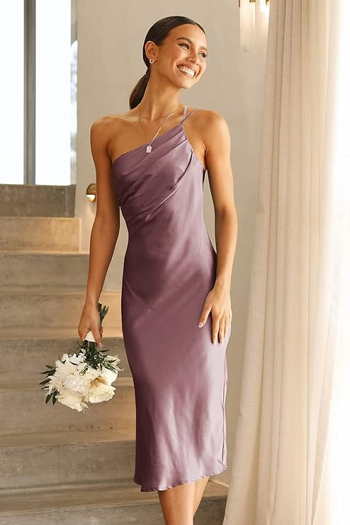 PRETTYGARDEN Women's Midi Satin Dress One Shoulder Spaghetti Strap Backless Ruched Summer Bodycon... | Amazon (US)