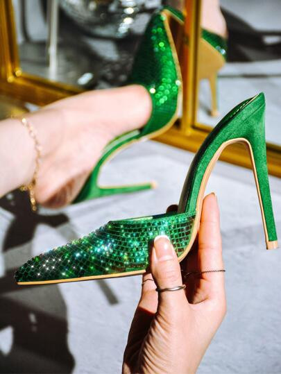 Klayton Embellished Suede Pointy Toe Heels | SHEIN