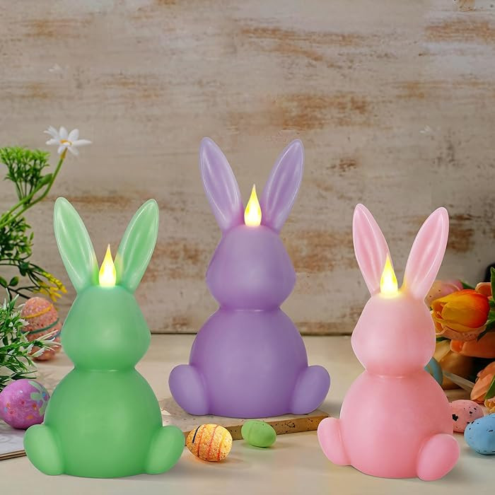 Leorate 3 PCS Easter Bunny Flameless Candle,Real Wax Carved LED Candle,Scented 3 Color Bunny Shap... | Amazon (US)