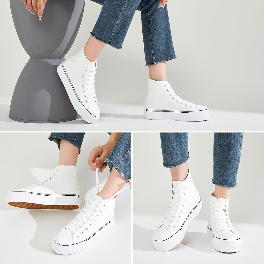 FRACORA Womens High Top Canvas Shoes White Black Platform Sneakers Lace Up Shoes for Women | Amazon (US)