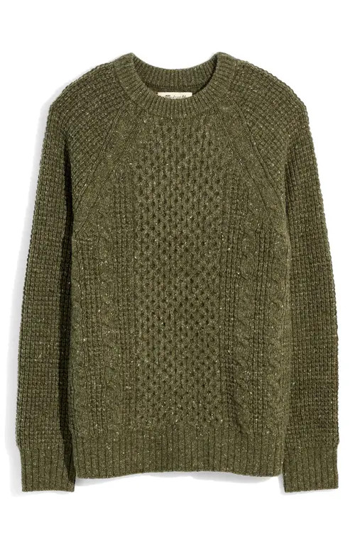 Madewell Cable Knit Fisherman's Sweater in Highland Green Donegal at Nordstrom, Size Large | Nordstrom