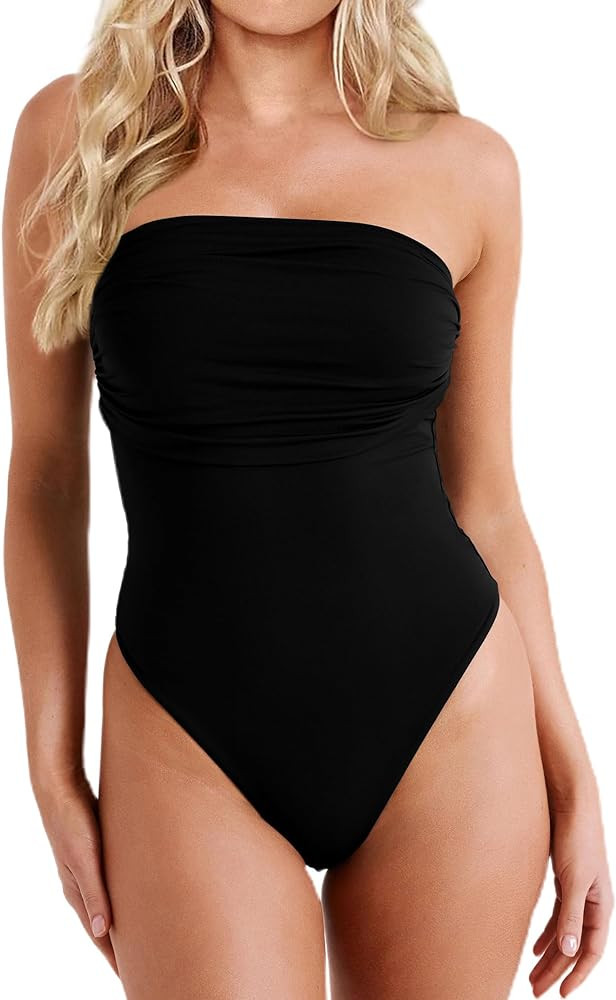 Women's Sexy Strapless Tube Top Bodysuit Ruched Sleeveless One Piece Body Suit Leotard Tops | Amazon (US)
