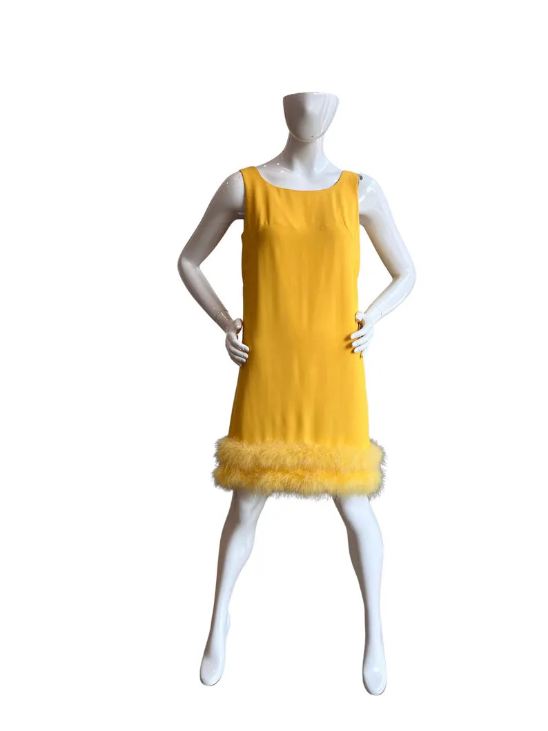 Vintage 60s ILGWU Yellow Feather Trim Shift Dress | Etsy (Global)