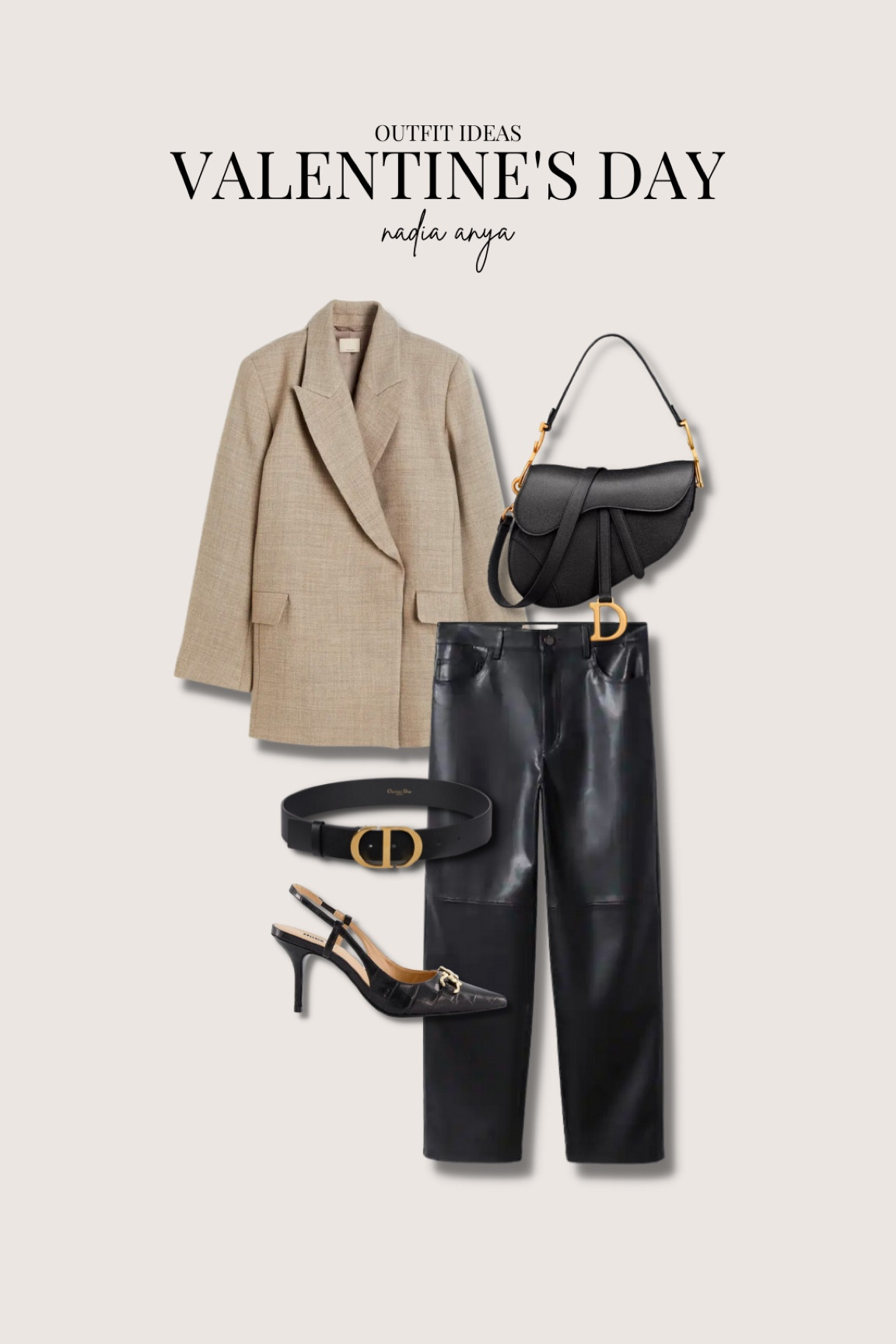 Valentine’s Day outfit ideas - H&M oversized beige blazer, mango black faux leather trousers, dior black belt, dior black saddle bag & black slingback heels with gold detail to tie in the hardware  

#LTKstyletip #LTKshoecrush #LTKitbag