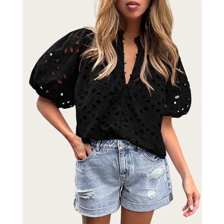 PRETTYGARDEN Women's Summer Tops Dressy Casual Short Lantern Sleeve V Neck Buttons Hollow Out Lac... | Walmart (US)