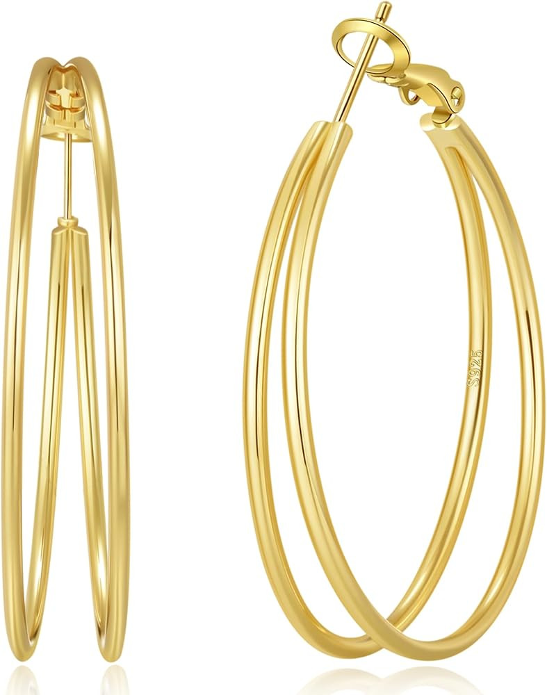 OOOPEL Large Thin Double Hoop Earrings for Women Lightweight Hypoallergenic 925 Sterling Silver P... | Amazon (US)