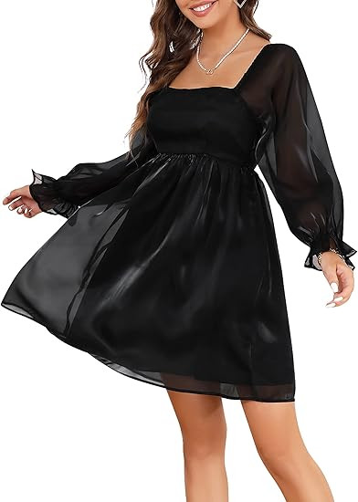 KOJOOIN Womens Puff Sleeve Square Neck Puffy Dress Babydoll Mesh Mini Dress | Amazon (US)