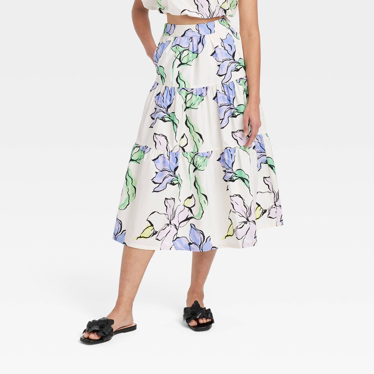 Women's A-Line Midi Skirt - A New Day™ White Floral XS | Target