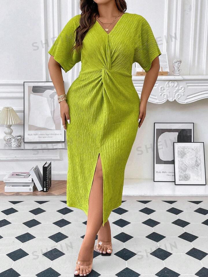 SHEIN Privé Plus Twist Front Split Thigh Dress | SHEIN USA | SHEIN