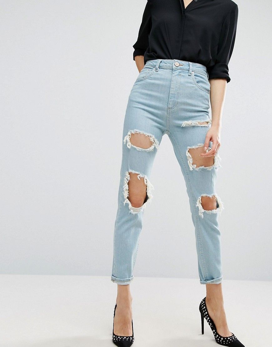 ASOS FARLEIGH High Waist Slim Mom Jeans In Eternal Chalky Light Stonewash with Extreme Rips - Blue | ASOS US