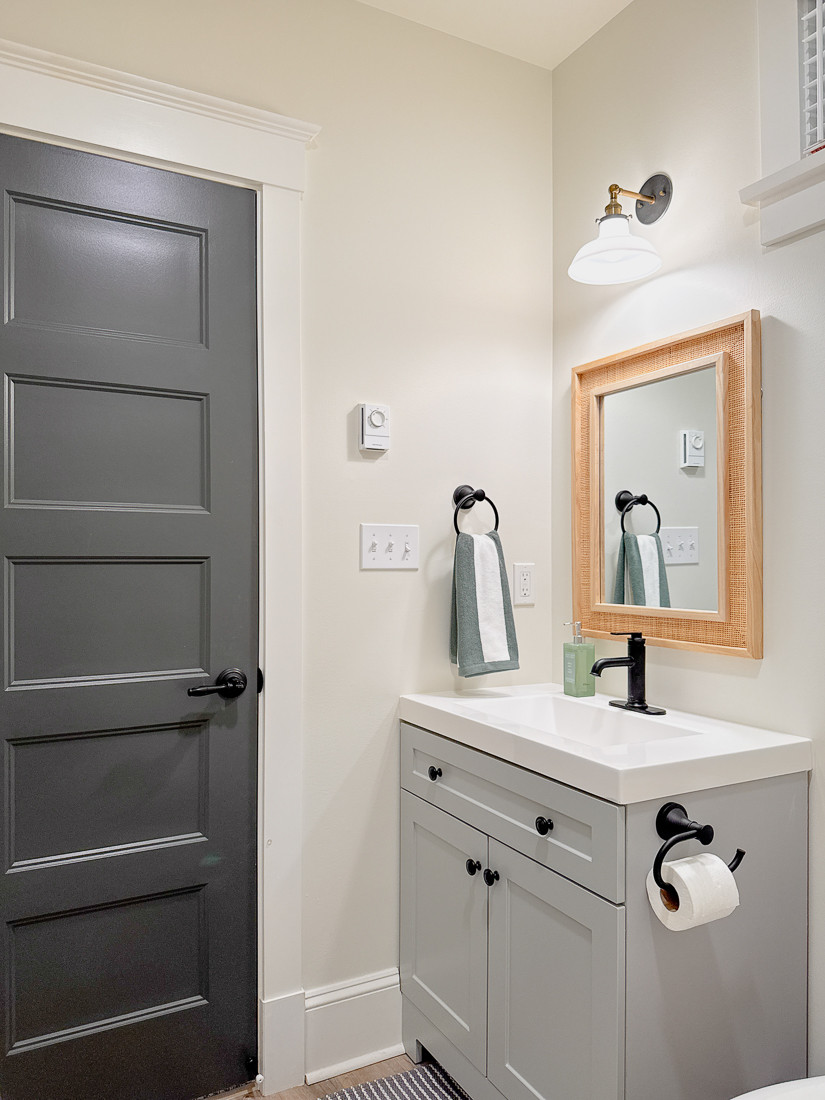 Bathroom makeover, traditional bathroom, cottagecore, rustic bathroom, small bathroom decor, ensuite bathroom accessories, bathroom vanity, bathroom lighting, rattan mirror  

 #LTKhome