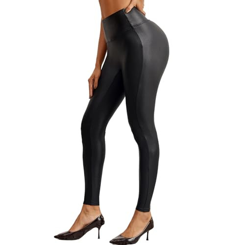 APWKL Faux Leather Leggings for Women High Waisted Leather Pants Stretch Tummy Control Black Elastic Pleather Tights | Amazon (US)