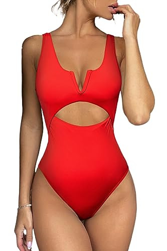Meyeeka One Piece Bathing Suit for Women Tummy Control Womens Swimsuits High Cut Monokini M Red | Amazon (US)