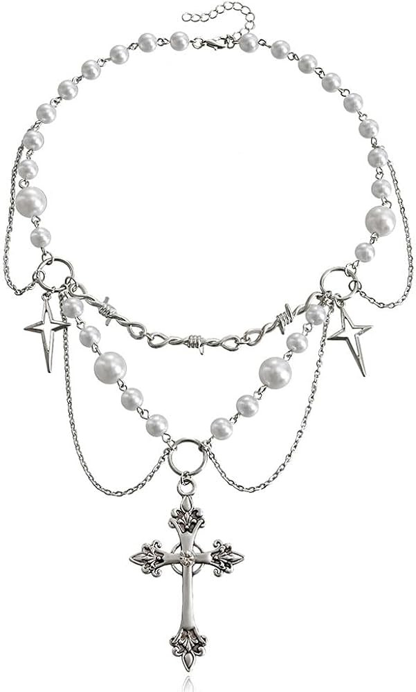 Vintage Pearl Cross Necklace - Floral Gothic Layered Choker - Gift for Women & Teens | Amazon (US)