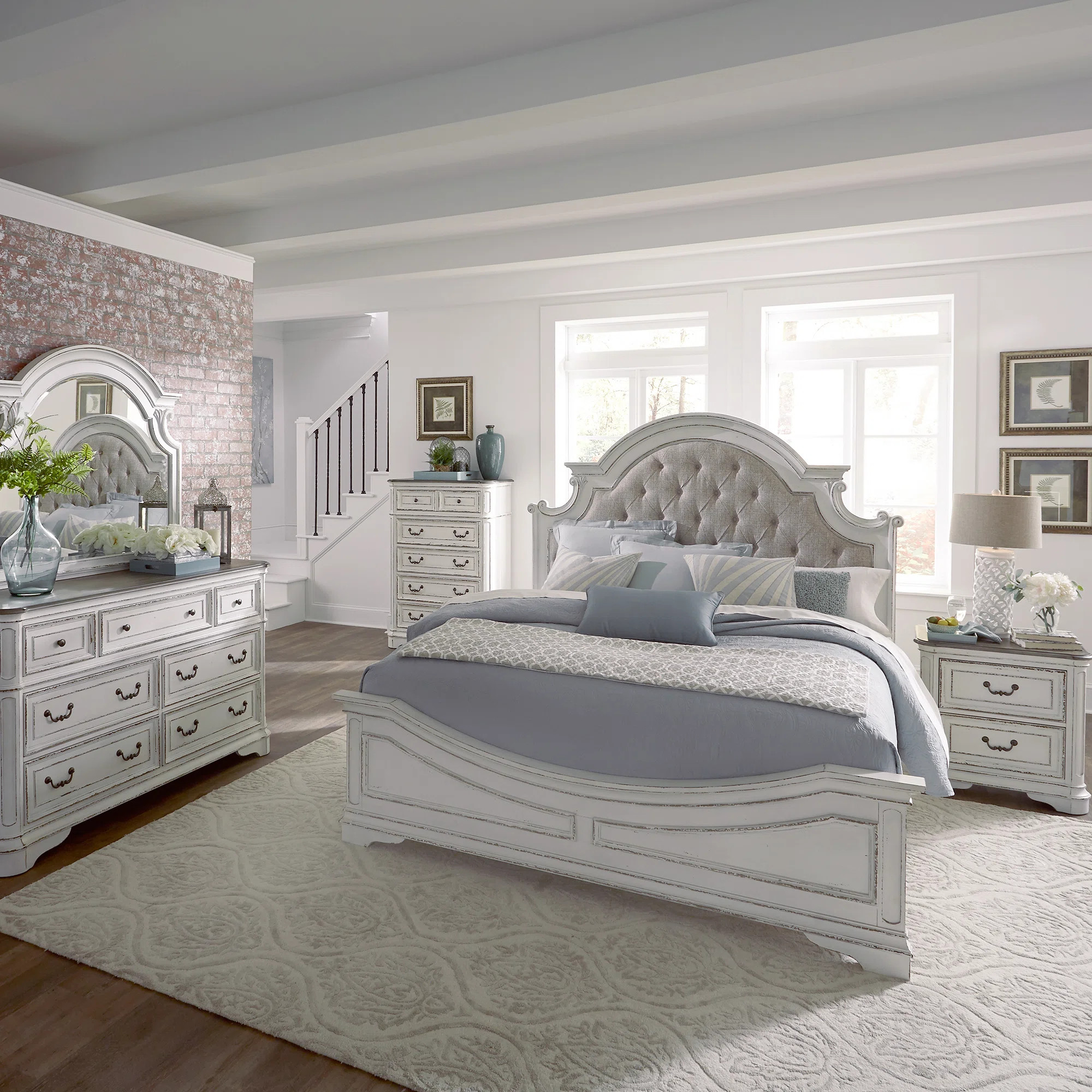 Colchester Upholstered Bed, Dresser & Mirror, Chest, Nightstand Bedroom Set | Wayfair North America