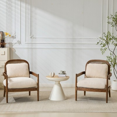 TiramisuBest Set of 2 Mid Century Modern Accent Chairs Brown Wood Frame Rattan Back Armchairs Cushioned Seating for Bedroom Reading Nook, Beige Stripe | Target