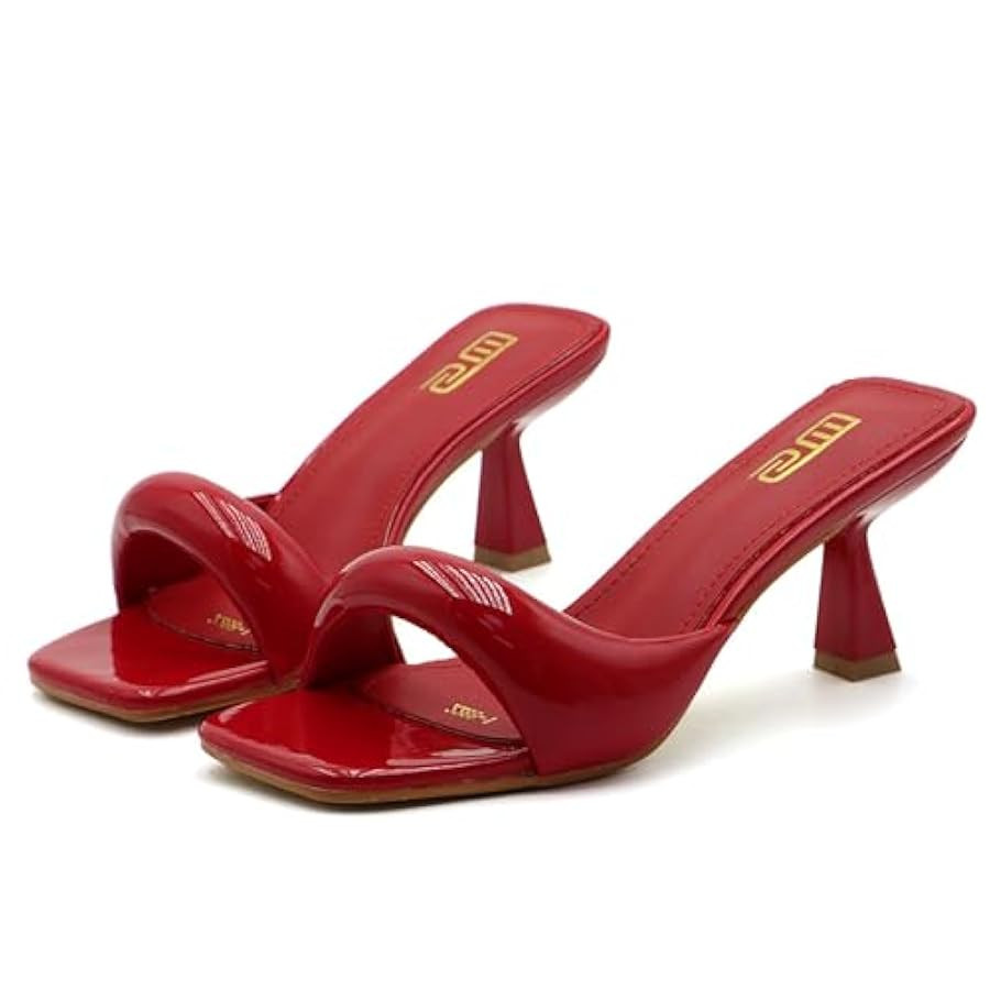 Women's Leather One Band Square Open Toe Stiletto Slide Sandals Fashion Slip-On Sexy Kitten Heel ... | Amazon (US)