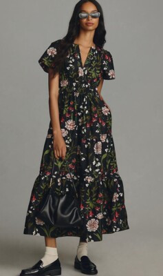 Anthropologie The Somerset Maxi Dress Tiered Smocked Floral Black Motif XXSP NEW | eBay US