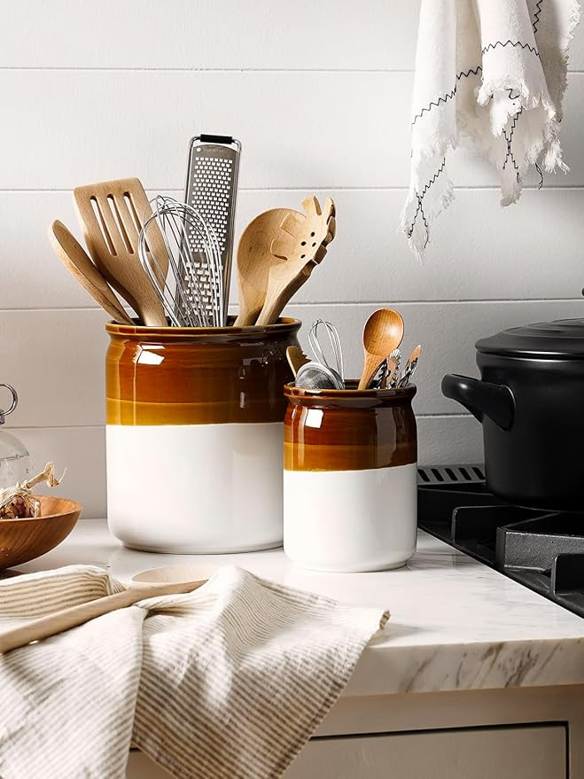 LE TAUCI Kitchen Utensil Holder, Ceramic Utensil Crock for Countertop, Large 7.2" & Small 5.4", S... | Amazon (US)