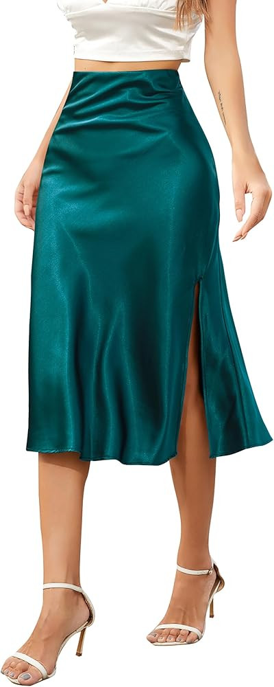 ALCEA ROSEA Womens Silky Satin Midi Skirt High Waist Elastic Waist A Line Skirt with Slit | Amazon (US)