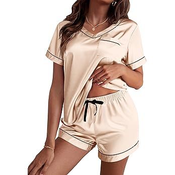 Ekouaer Women's Satin Short Sleeve V-Neck Pajama Set | Amazon (US)