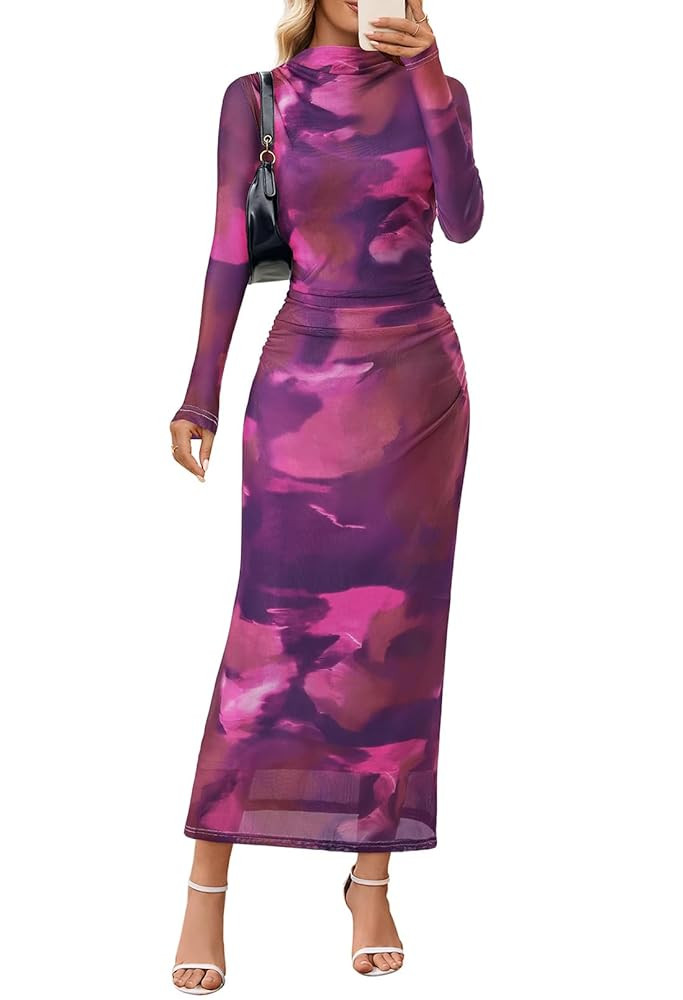MEROKEETY Women's Long Sleeve Fall Wedding Guest Dress 2025 Bodycon Floral Mesh Ruched Cocktail M... | Amazon (US)