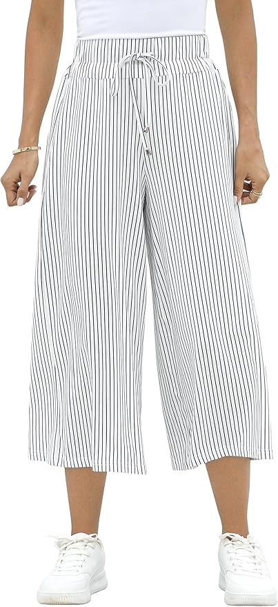 KOJOOIN Womens Linen Wide Leg Pants Elastic Waist Solid Palazzo Casual Loose Drawstring Trousers ... | Amazon (US)