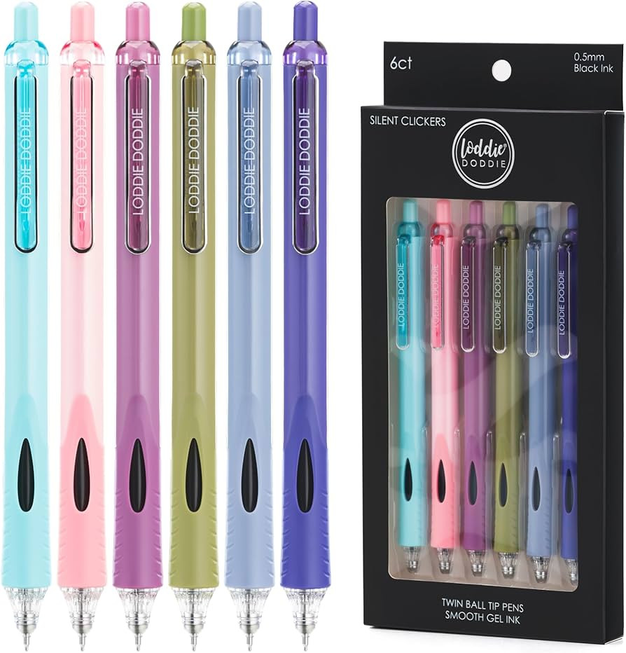 Loddie Doddie Retractable Gel Ink Pen Set - 0.5mm Fine Tip, Pack of 6, Colored Barrels - Silent C... | Amazon (US)