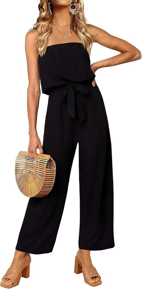 ZESICA Women's Casual Off Shoulder Solid Color Strapless Belted Wide Leg Jumpsuit Romper | Amazon (US)