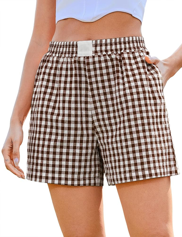 Marvmys Womens Boxer Shorts Cotton Plaid Gingham Shorts Summer Elastic Waist Pajama Buttoms with ... | Amazon (US)