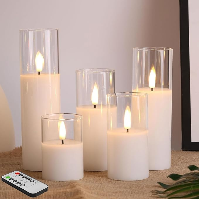 Eywamage 5 Pack Clear Glass Flameless Candles with Remote, Flickering Slim Tall LED Pillar Votive... | Amazon (US)