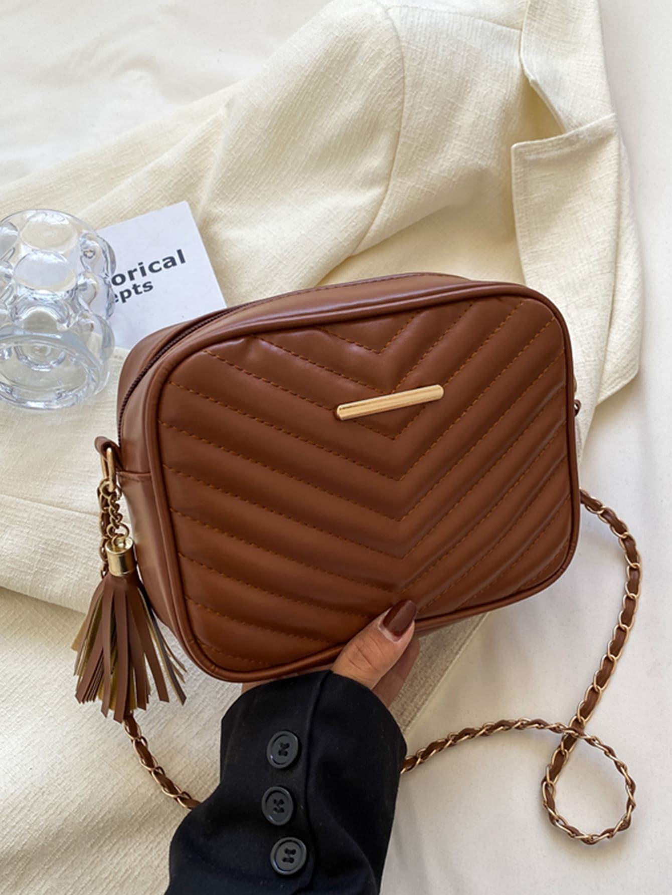 Waterproof,Lightweight,Business Casual Mini Chevron Detail Tassel Decor Chain Square Bag For Teen... | SHEIN