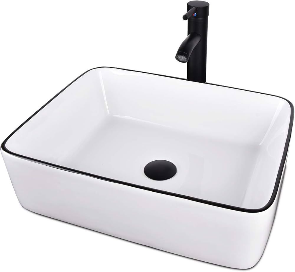 White Ceramic Bathroom Sink, 19" x 15" Above Counter Porcelain Vessel Sink with Black Faucet and ... | Amazon (US)