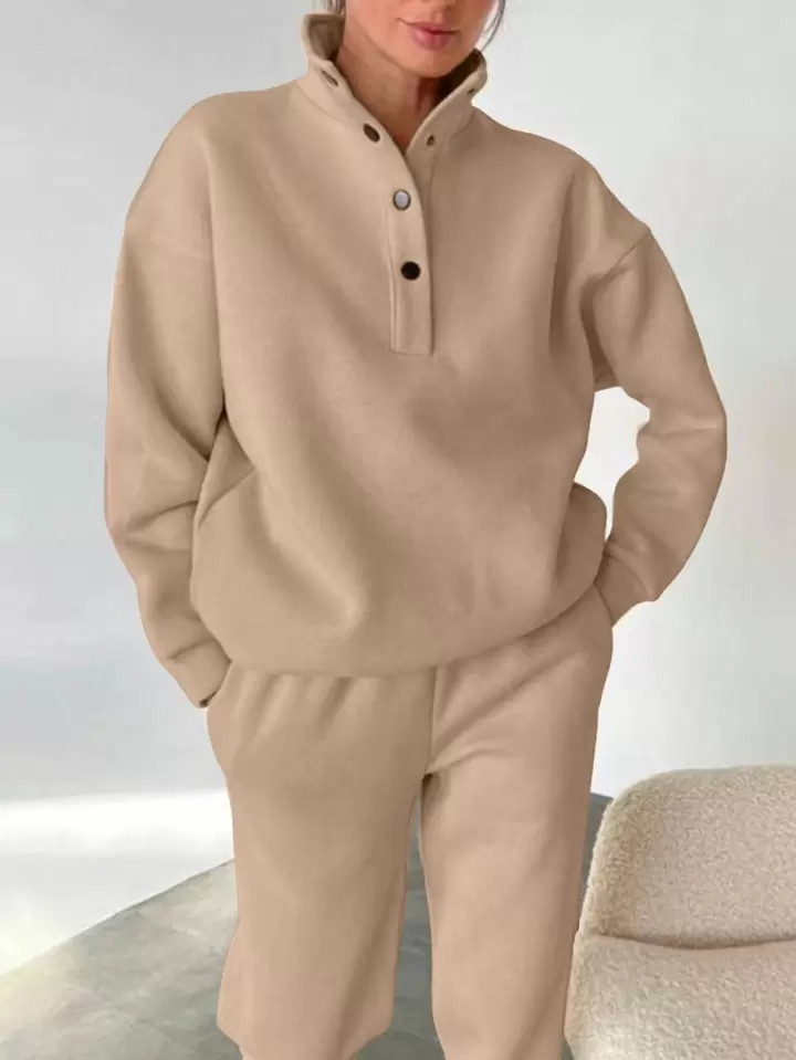 Half Button Drop Shoulder Sweatshirt & Sweatpants | SHEIN