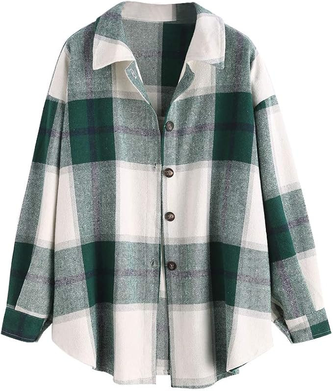 ZAFUL Plaid Long Sleeve Button Down Shirt Shacket | Amazon (US)