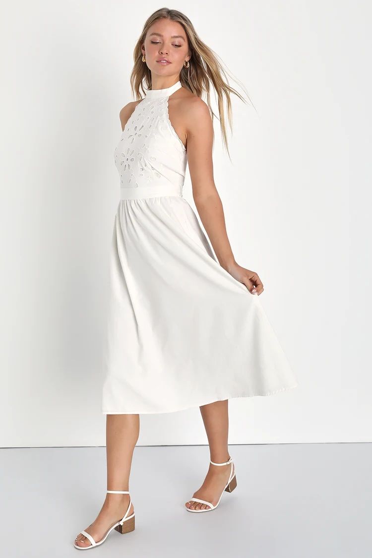 Sayulita Scene Ivory Embroidered Belted Halter Midi Dress | Lulus