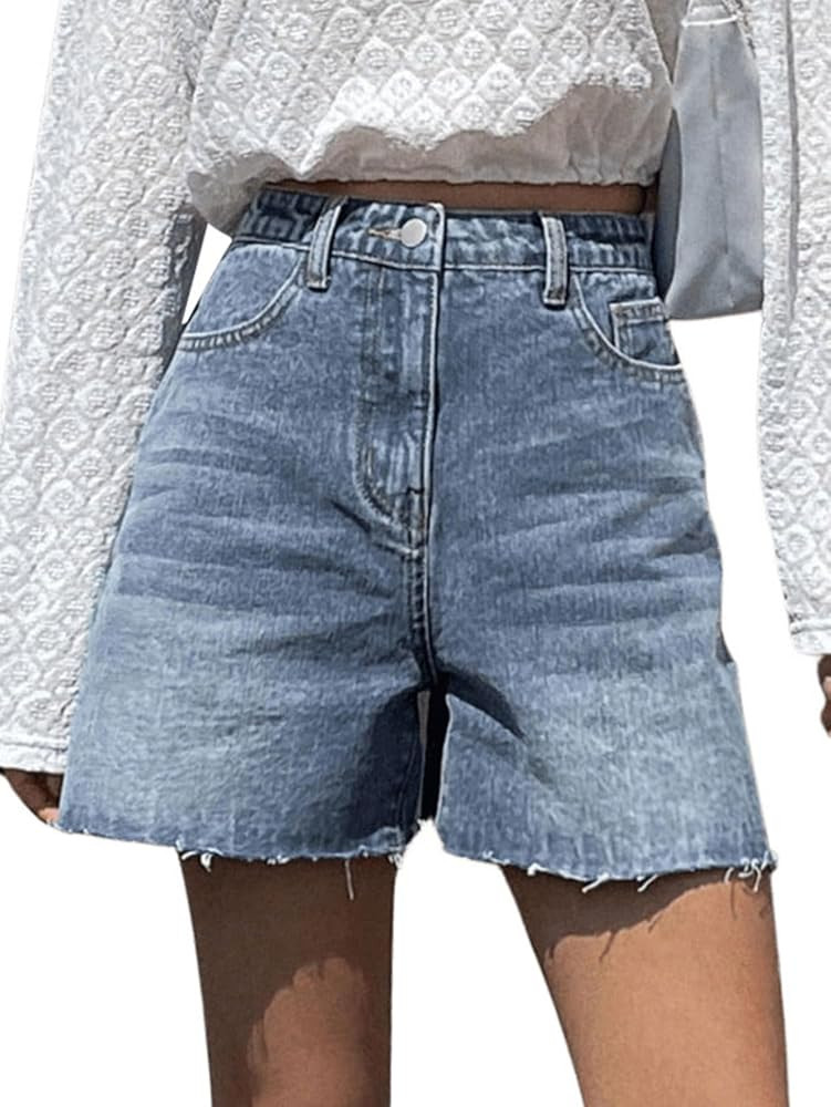 MakeMeChic Women's Jorts Baggy High Waisted Jean Shorts Casual Raw Hem Straight Leg Summer Denim ... | Amazon (US)