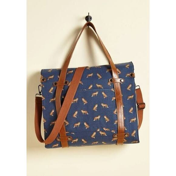 ModCloth Camp Director Tote Large Navy Blue Canvas Fox Print Messenger Bag | Poshmark