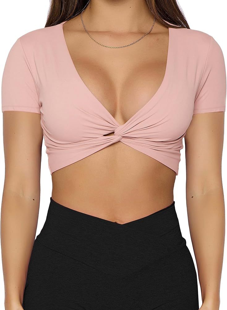 Danysu Twist Front Tops for Women Padded Short Sleeve Workout Crop Top Knotted Gym Bra Tops | Amazon (US)