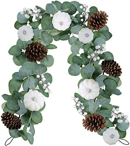 Amazon.com: White Pumpkin Garland Artificial Eucalyptus Garland with White Pumpkins Pinecones Ber... | Amazon (US)
