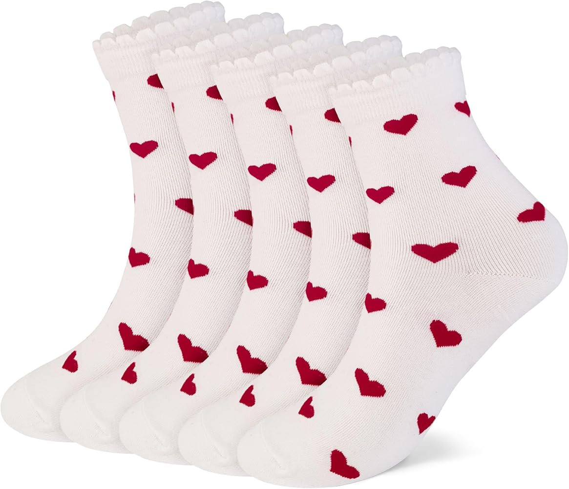 CUTIE MANGO 5 Pairs Heart Pattern Crew Socks For Women - Cute Cotton Womens Socks for Size 6,7,8,9,10 | Amazon (US)