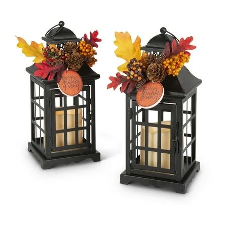 Gerson Set of 2 black metal lanterns with B/O LED candles and floral accents | Walmart (US)