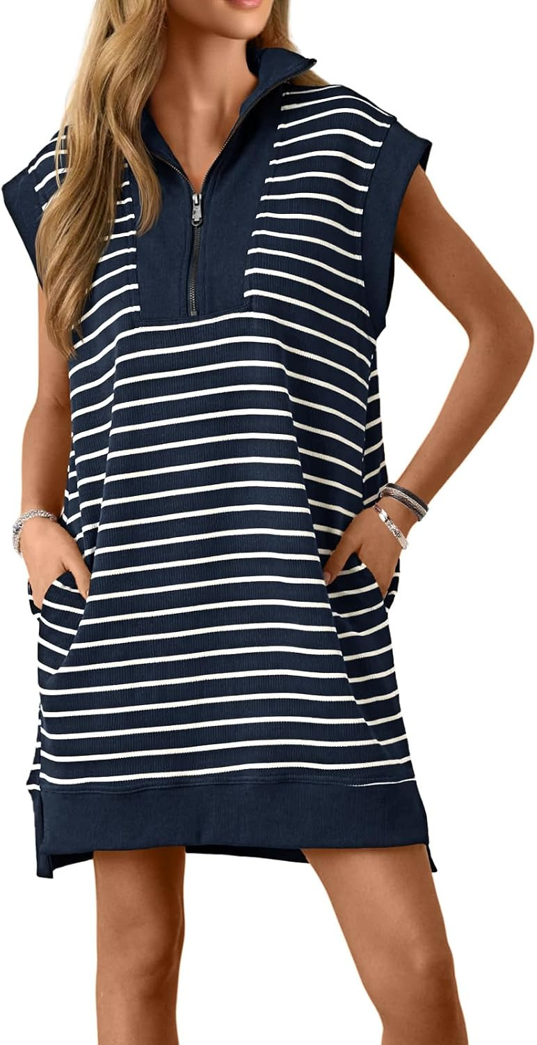 Wenrine Womens Striped Zipper Collar V Neck Loose Knit Summer Mini Dress | Amazon (US)