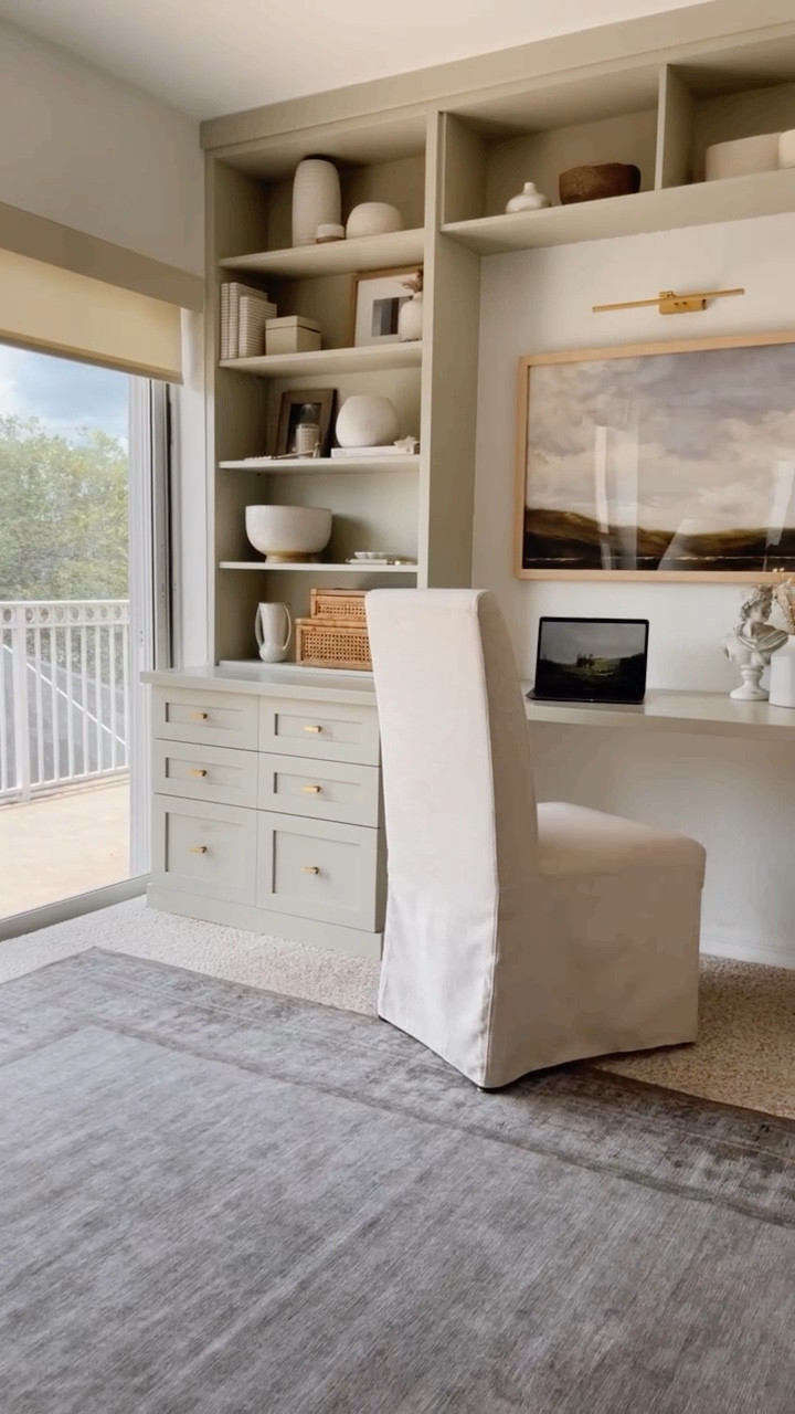 Home office: sharing the office in our bedroom. Love the built ins and how every piece of decor ties everything together! 
Bedroom, home office, home decor, ruggable, collection prints, amazon picture light, amazon finds. 

#LTKhome #LTKFind #LTKunder50