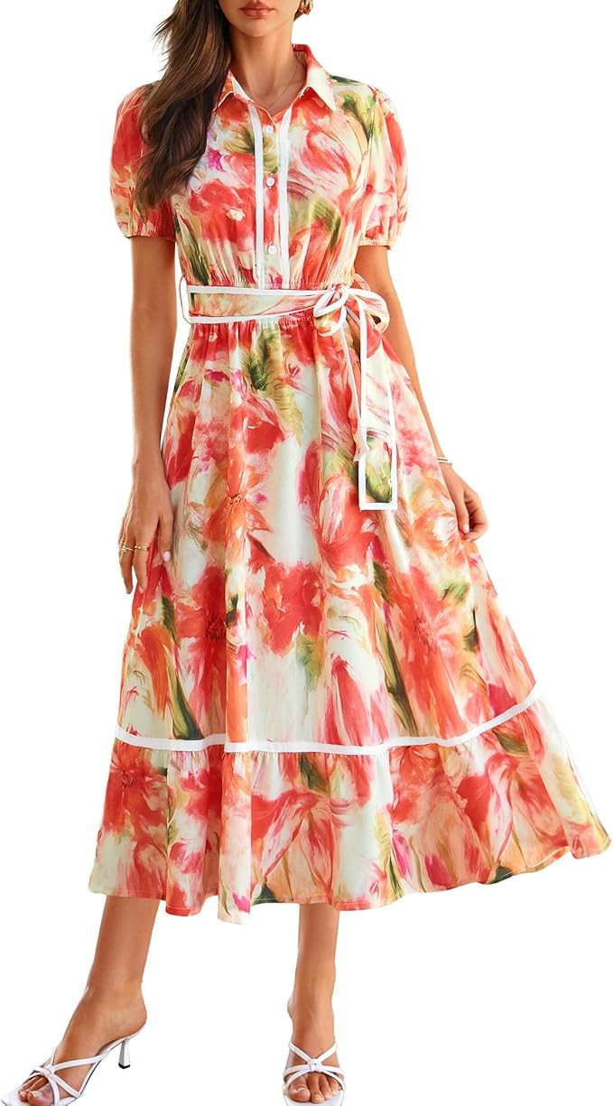 GRACE KARIN Women's Summer Floral Maxi Dress Puff Short Sleeve Shirt Dress Boho Casual Flowy Dres... | Amazon (US)