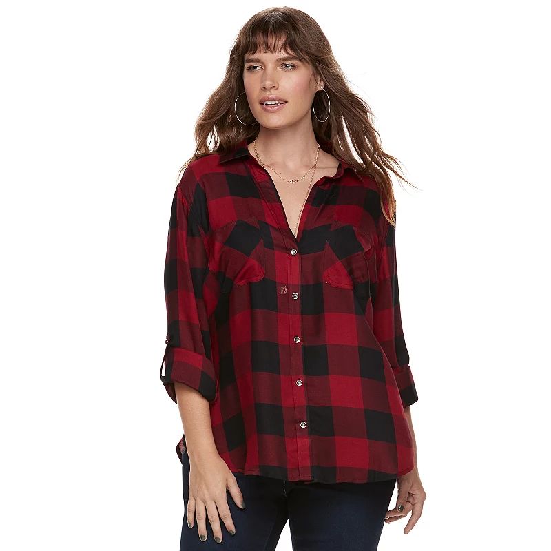 Plus Size Rock & Republic® Plaid Roll-Tab Shirt, Women's, Size: 0X, Dark Red | Kohl's